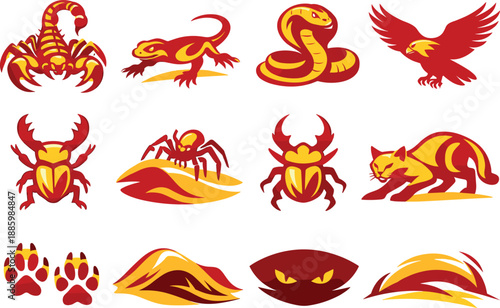 Two-Color vector icons of desert predators: scorpion stance, lizard hunting, snake coiled, hawk silhouette;