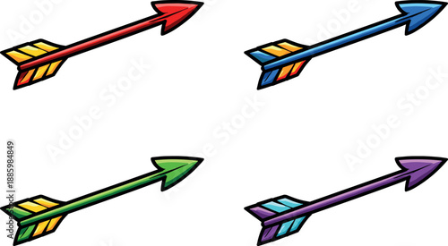 Two-Color vector icons of simple arrow silhouette: clean shaft line, plain point arc, minimal fletch stroke,