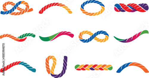 Two-Color vector icons of whimsical rope loop: playful knot curl, airy strand arc, floating loop ring, gentle