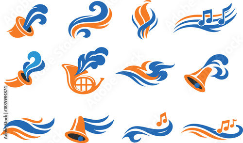 Two-Color vector icons of musical–air harmony tied to drifting plumes: sax rim, soft curl, plume lift, curved