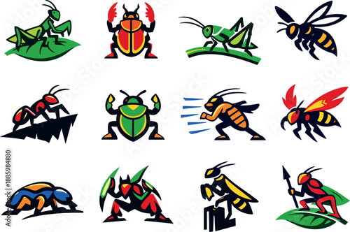 Garden Warriors Icons. Two-Color vector icons of garden fighters: mantis on leaf, beetle in guard, cricket on stem, wasp in hover
