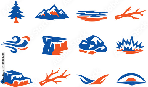 Northern Wilderness Icons. Two-Color vector icons of northern wilderness: pine tree, mountain ridge, frozen lake line, fallen