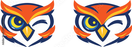 Two-Color vector icons of owl winking with moon pupil: winking owl face, crescent-moon pupil eye, curved brow