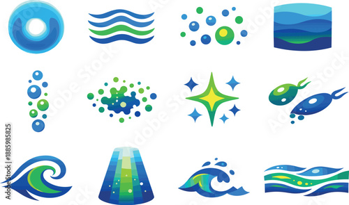 Two-Color vector icons of underwater light drift: soft glow, ripple band, drift speck, depth haze, bubble chain,