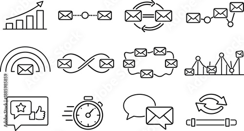 Line style vector icons of email marketing campaign analytics and optimization: transition bar, propagation