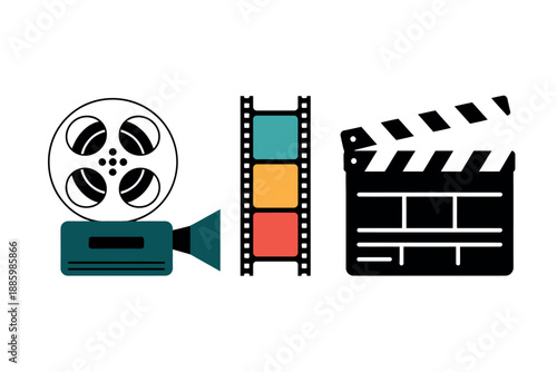 Film Production Icons, Movie Making Symbols, Cinema Elements, Clapper Board, Film Reel, Projector