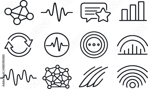 Line style vector icons of team collaboration workspace security and access: pattern contour, pulse arc,