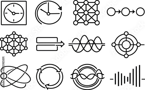 Minimalist Office Icons. Line style vector icons of remote work office security and access: timing tile, timing arc, modulation