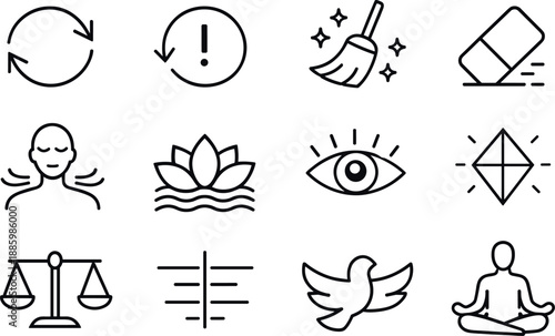 Line style icons of reset and renewal: refresh, reset, clear, clean; breath, calm, focus, clarity; balance,