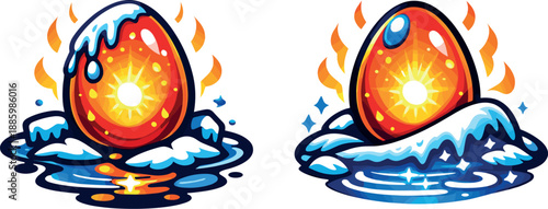 Two-Color vector icons of an enchanted hatchling egg warming cold terrain (whimsical shift): mystical egg, frost