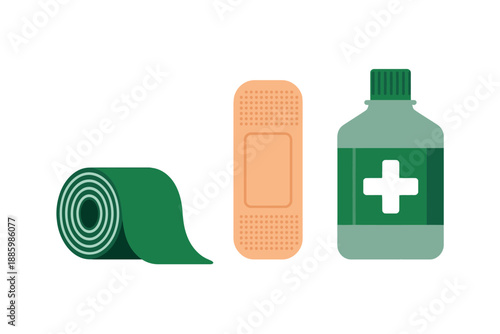 First Aid Kit Essentials, Medical Supplies, Green and Beige Illustration