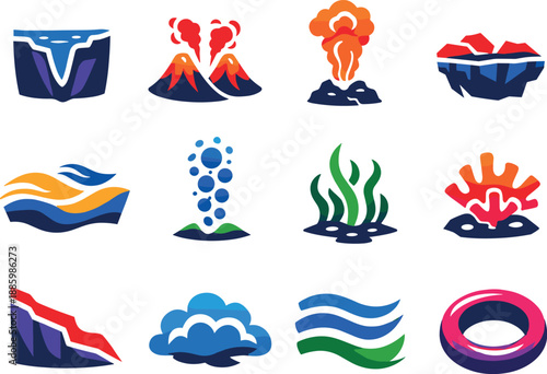 Ocean Habitat Icons. Two-Color vector icons of deep ocean habitats: trench line, volcanic vent arc, mineral plume, rocky shelf,
