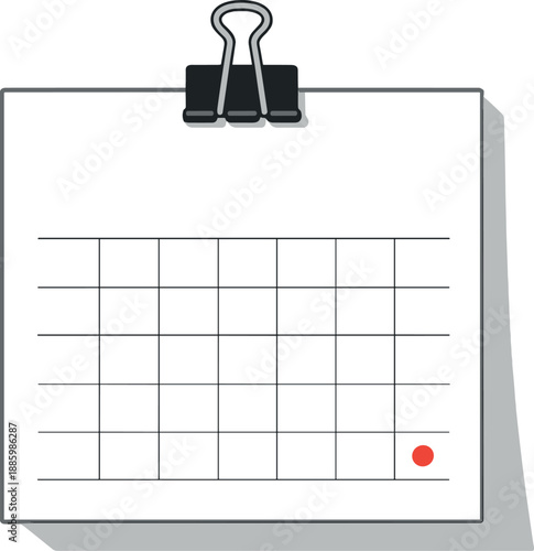 Minimal calendar page with binder clip and one tiny date dot accent on the paper, positioned in the right third
