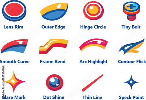 Two-Color vector icons of rim details: lens rim, outer edge, hinge circle, tiny bolt, smooth curve, frame bend,