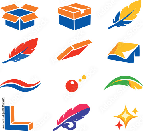 Two-Color vector icons of box with feather: open box, closed box, soft feather, curved quill, lid flap, corner