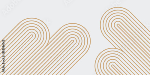 Minimalist geometric background with gold parallel arched lines and U-shaped curves on a light gray paper texture