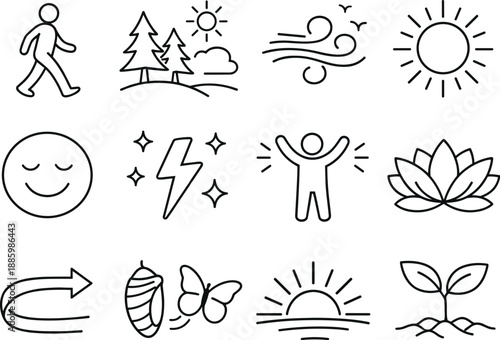 Line style icons of March fresh start mood: walk, outside, freshair, sunlight; smile, energy, relief, calm;