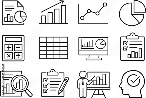 Line style vector icons of Financial reports icons: report file, bar chart, line graph, pie chart; calculator,