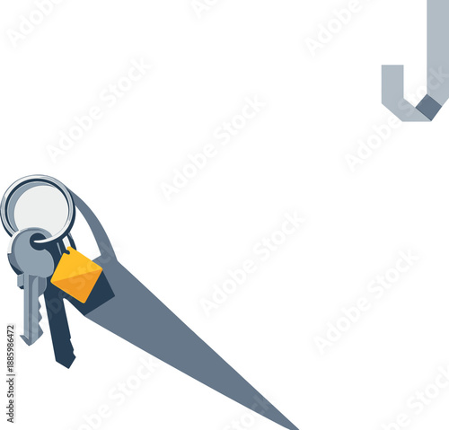 Single key on a round ring with a small geometric fob shape, placed in the left third, airy Nordic editorial