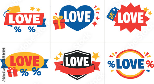 Clean modern holiday banner illustration Love as a strong discount-style headline repeated across six flat