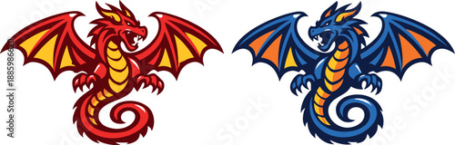 Vibrant Dragon Icons. Two-Color vector icons of dragon with wingspan: wide wings, dragon head, curled tail, scale plates, wing
