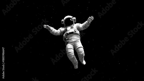 Pixelated grayscale illustration of a spaceman floating in starry cosmos, arms outstretched