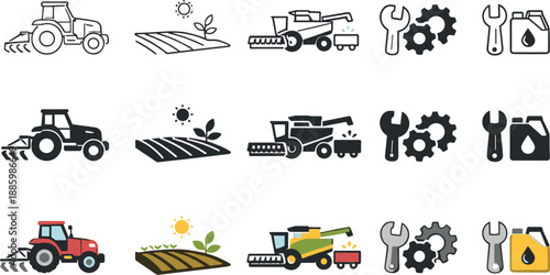 Icon object one for farm machinery operation, icon object two for field cultivation, icon object three for