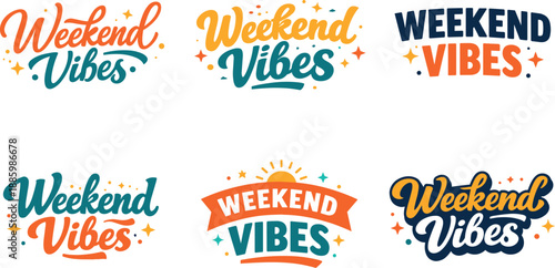 Clean flat holiday banner set illustration Weekend Vibes modern hand-lettered logo collection with six distinct