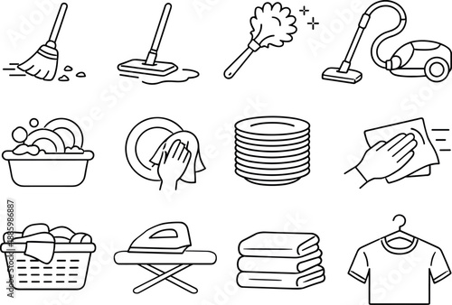 Line style vector icons of household chores: sweeping, mopping, dusting, vacuuming; dishwashing, drying,