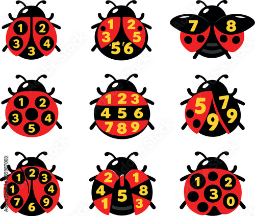 Two-Color vector icons of ladybug with numeric spots: ladybug with number spots, beetle with digit-marked shell,