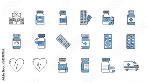 Comprehensive Medical and Healthcare Icon Set Featuring Medicine Bottles and Hospital Symbols