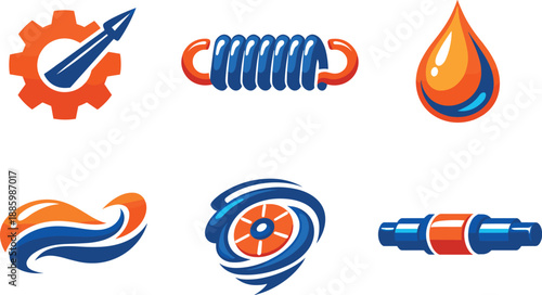 Two-Color vector icons of industrial micro-mechanics echoing gear–spring–oil: compact cog, curled tension spring