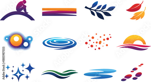 Two-Color vector icons of moody silhouettes: lone figure arc, dusk fade stripe, branch shadow, leaf drift, glow