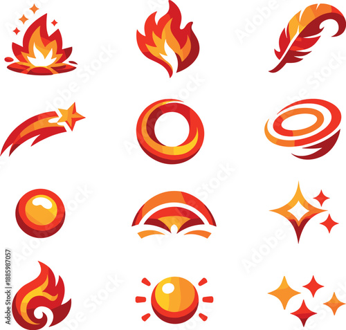 Two-Color vector icons of rebirth symbols: rising ember, flame crest, curled plume, tail spark, hollow glow,