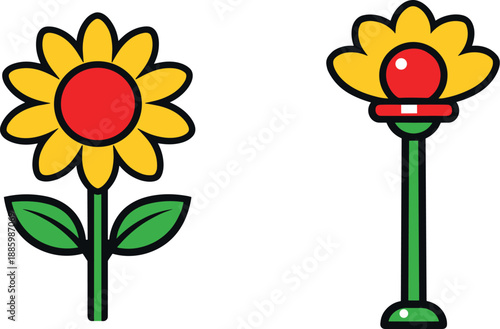 Vibrant Floral Icons. Two-Color vector icons of calm bloom shape: simple sunflower outline, clean ring dot, neutral stem line,