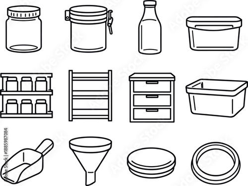 Line style of pantry storage icons: jar, canister, bottle, container; spice rack, shelf unit, drawer unit, bin;