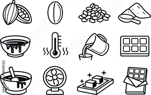 Chocolate Making Icons. Line style vector icons of chocolate making: cocoa, bean, nib, powder; melt, heat, pour, mold; temper,