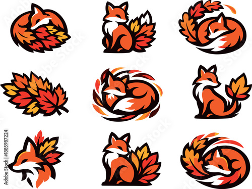 Two-Color vector icons of a fox with a bushy tail made of autumn leaves: autumn-leaf tail, curled fox pose,