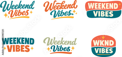 Clean modern holiday banner illustration Weekend Vibes premium lettering logo set showcasing six logo-ready