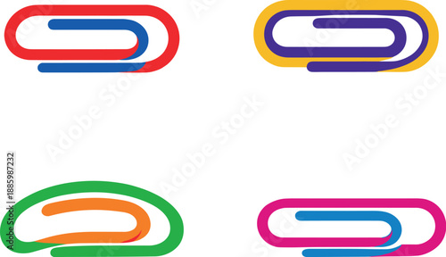 Two-Color vector icons of paperclips: straight clip, double-loop clip, wide-arc clip, slim wire clip; compact