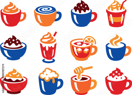 Dessert Drink Icons. Two-Color vector icons of dessert-inspired drinks: cocoa with whipped top, latte with foam spiral, mocha cup,