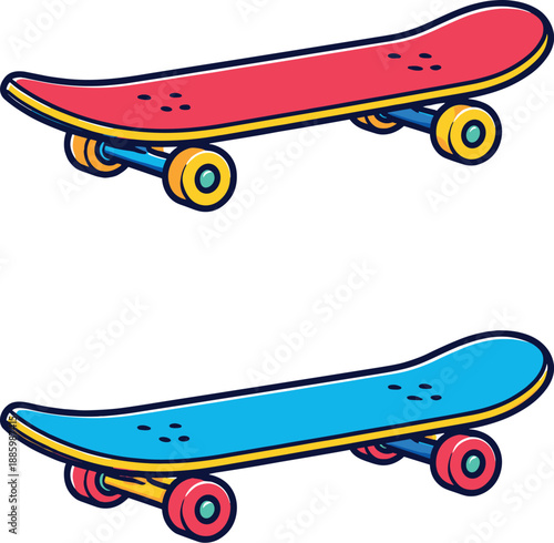 Two-Color vector icons of a plain skateboard with no grind (antonymic to neon-slide scene): simple deck, calm