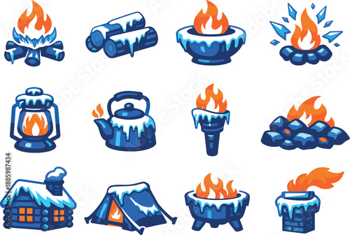 Two-Color vector icons of frozen–warmth contrasts: icy campfire, frosted logs, snow-covered flame bowl, frozen