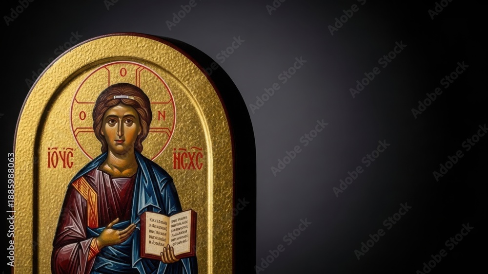 Fototapeta premium Religious painting art depicting spiritual figure with halo. Gilded religious painting art shows saint holding holy book, rich colors, deep symbolism.