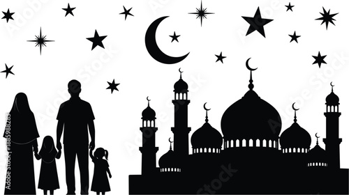Islamic Family Silhouette Holding Hands and Walking Toward a Grand Mosque Under a Crescent Moon and Stars for Ramadan Kareem and Eid Mubarak