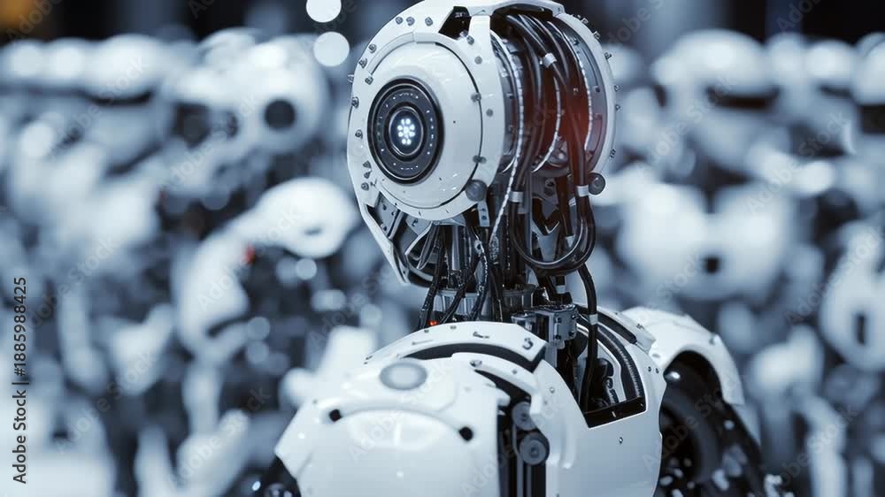 Advanced humanoid robot with a sleek white design stands in a line of ...