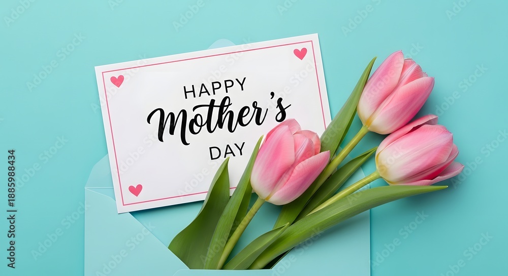 Fototapeta Happy mother's day greeting card with pink tulips on blue background