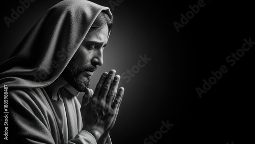 Pensive man praying with hands clasped, solemn expression in monochrome portrait. Hooded man praying radiates deep spiritual contemplation, introspection with dramatic light.