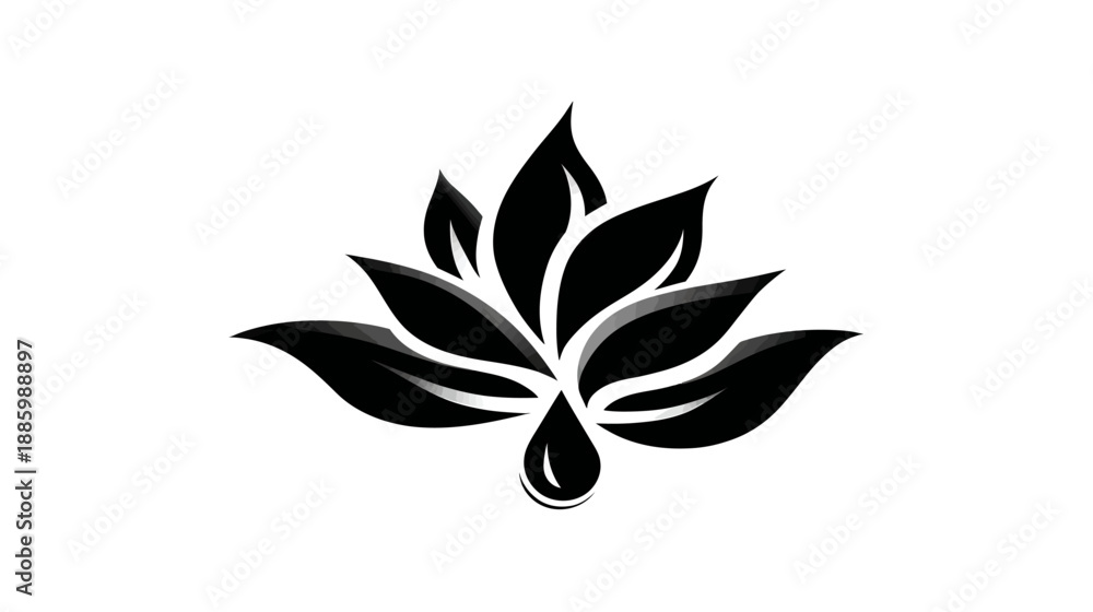 Fototapeta premium A grayscale, stylized floral design with a central droplet, featuring layered leaves