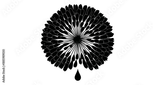 A black and white stylized illustration of a dandelion with a single teardrop at its base